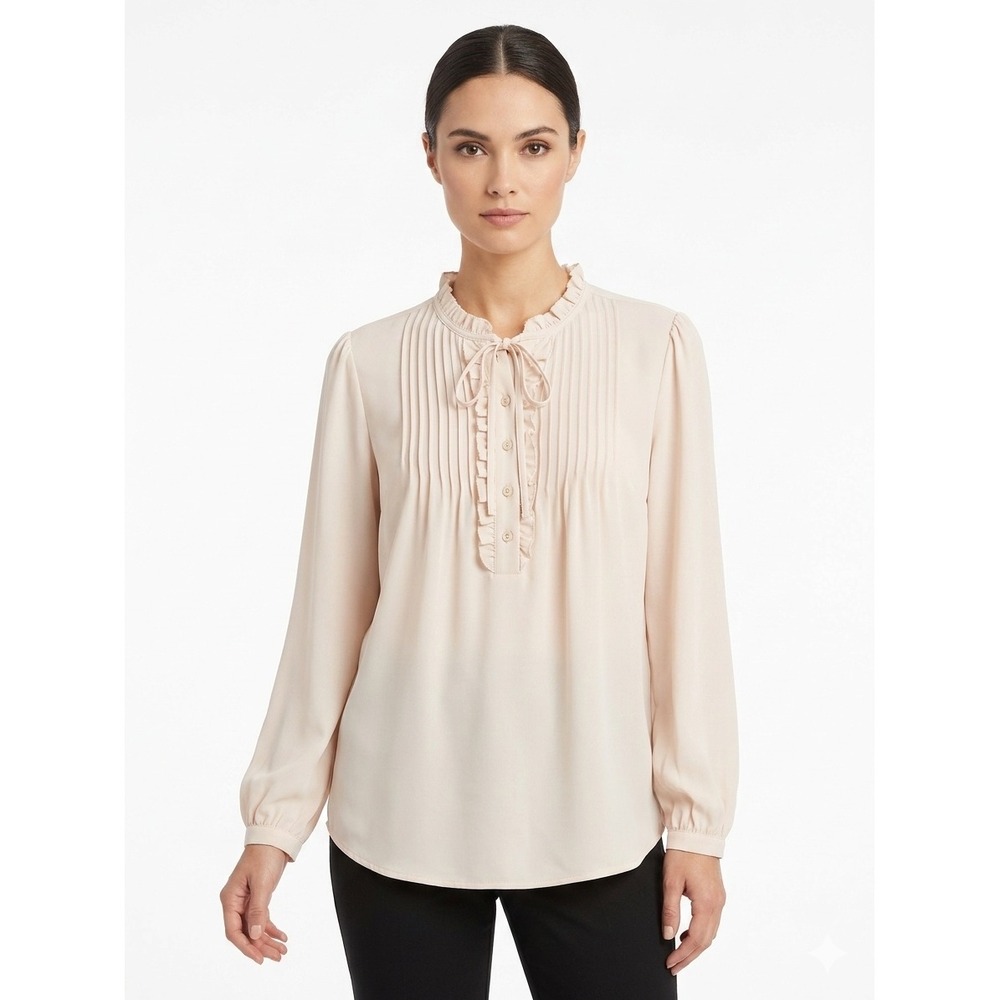 Adrianna Papell Ethereal Fairy Cottage Blush Ruffle Neck Pintuck Long‎ Sleeve S